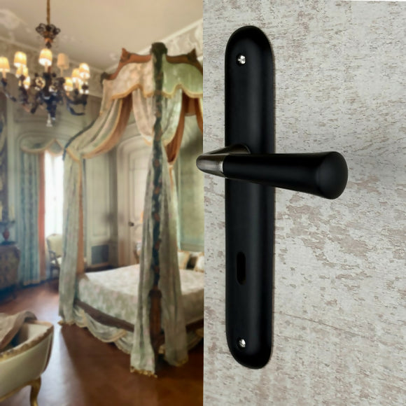 2 poignées de porte sur plaque CLEO, Entrée de clé pour chambre, Finition bois noir, Entraxe standard 195 mm