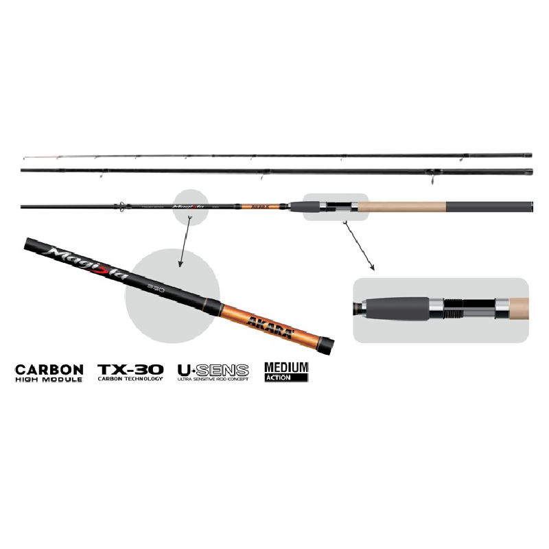 Canne à pêche de fond akara magista feeder tx-30 3 brins longueur 360 m poids 260 g test 120-150-180 g.