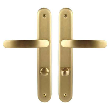 2 poignées de porte sur plaque VINTAGE, Verrou condamnation pour salle de bain/WC, Finition laiton doré satiné, Entraxe stand 195 mm