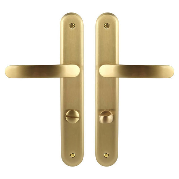 2 poignées de porte sur plaque VINTAGE, Verrou condamnation pour salle de bain/WC, Finition laiton doré satiné, Entraxe stand 195 mm
