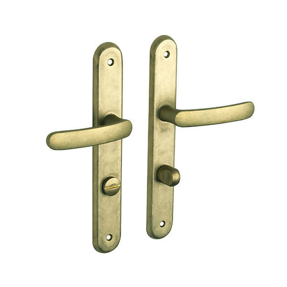 2 poignées de porte sur plaque VINTAGE, Verrou condamnation pour salle de bain/WC, Finition laiton brut laqué mat, Entraxe stand 195 mm