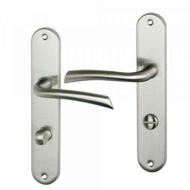2 poignées de porte sur plaque RHAPSODIE, Verrou condamnation pour salle de bain/WC, Finition zamak nickel mat, Entraxe standard 195 mm