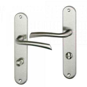 2 poignées de porte sur plaque RHAPSODIE, Verrou condamnation pour salle de bain/WC, Finition zamak nickel mat, Entraxe standard 195 mm