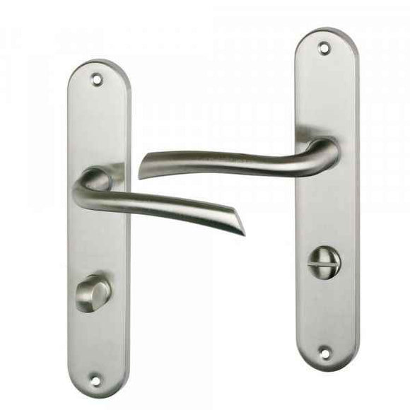 2 poignées de porte sur plaque RHAPSODIE, Verrou condamnation pour salle de bain/WC, Finition zamak nickel mat, Entraxe standard 195 mm