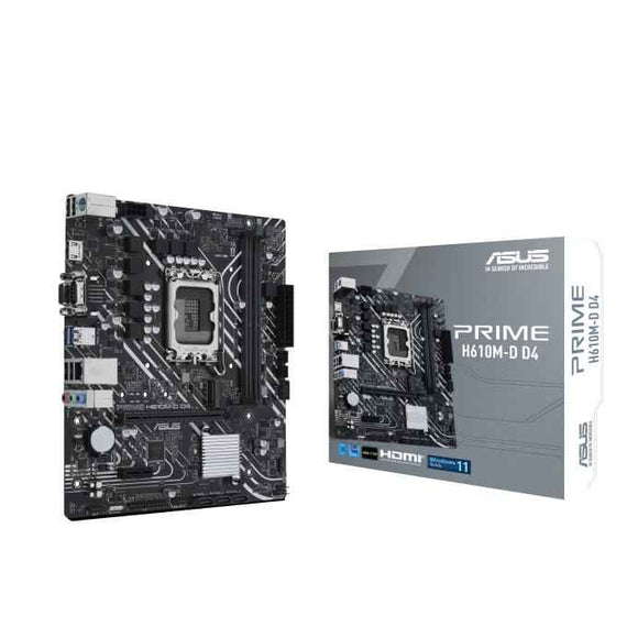 Asus | PRIME H610M-D D4 | Processor family Intel | Processor socket LGA1700 | DDR4 DIMM | Memory slots 2 | Supported hard disk drive interfaces SATA, M.2 | Number of SATA connectors 4 | Chipset Intel H610 | mATX