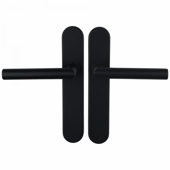 2 poignées de porte universelles Dualfit sur plaque ronde BRUNELLA, Sans trou pour pièce à vivre, Finition Acier noir mat bi-entraxe 165-195