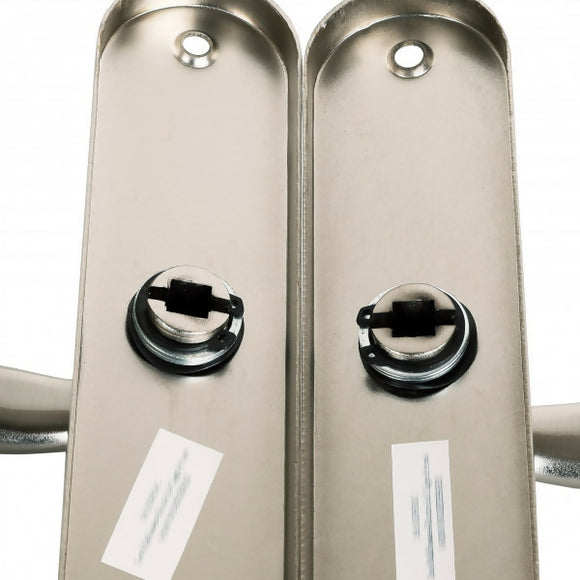 2 poignées de porte sur plaque CHAMBON, Trou de cylindre - entrée - bureau - service, Finition aluminium nickel mat, Entraxe standard 195 mm