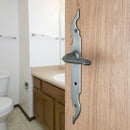 2 poignées de porte sur plaque fine CELTIQUE, Verrou de condamnation pour salle de bain/WC, Finition acier aspect fer forgé patiné, Entraxe standard 195 mm