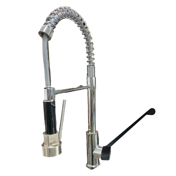 Bagnoclic miscelatore cucina in ottone cromato con doccetta estraibile, molla e leva clinica ergonomica per uso professionale.