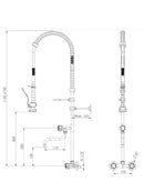 Bagnoclic rubinetto professionale da cucina a parete con doccetta estraibile e bocca girevole, design industriale in metallo.