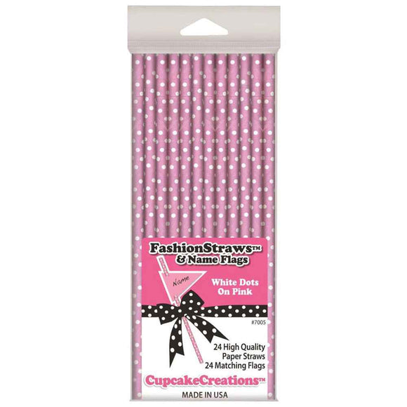 Cupcake White-Dotted Straws 19cm 24pk