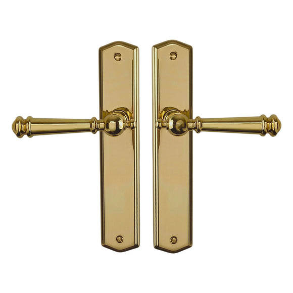 2 poignées de porte LUXOR, Sans trou pour pièce à vivre, Finition laiton poli doré, Entraxe standard 195 mm