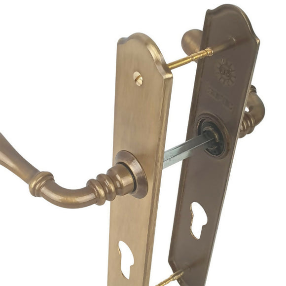 2 poignées de porte sur plaque DURANCE, Trou de cylindre - entrée - bureau - service, Finition laiton patiné, Entraxe standard 195 mm