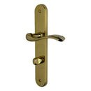 2 poignées de porte sur plaque LAURA, Verrou de condamnation pour salle de bain/WC, Finition laiton doré poli PVD titane, Entraxe standard 195 mm-8