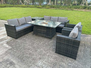 Fimous 8 Places Extérieur En Rotin Meubles De Jardin Foyer à Gaz Table Set Chauffage à Gaz Chaise Longue Café Thé Paillettes Gris Foncé