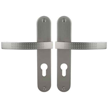 2 poignées de porte sur plaque AUDACE, Trou de cylindre - entrée - bureau, Finition aluminium nickel mat, Entraxe standard 195 mm