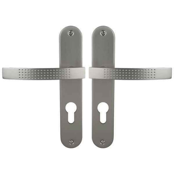 2 poignées de porte sur plaque AUDACE, Trou de cylindre - entrée - bureau, Finition aluminium nickel mat, Entraxe standard 195 mm