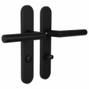 2 poignées de porte universelles Dualfit sur plaque ronde BRUNELLA, Verrou condamnation pour salle de bain/WC, Finition Acier noir mat bi-entraxe 165-195