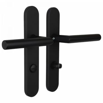 2 poignées de porte universelles Dualfit sur plaque ronde BRUNELLA, Verrou condamnation pour salle de bain/WC, Finition Acier noir mat bi-entraxe 165-195