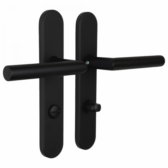 2 poignées de porte universelles Dualfit sur plaque ronde BRUNELLA, Verrou condamnation pour salle de bain/WC, Finition Acier noir mat bi-entraxe 165-195