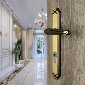 2 poignées de porte sur plaque VANESSA, Trou de cylindre - entrée - bureau - service, Finition laiton patiné, Entraxe standard 195 mm
