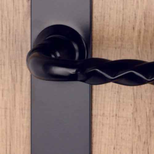 2 poignées de porte sur plaque NANTUA, Sans trou pour pièce à vivre, Finition aluminium noir, Entraxe standard 195 mm