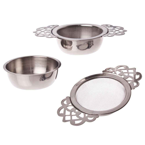 Teaology Vintage Stainless Steel Tea Strainer with Drip Bowl