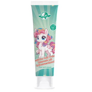 Dentifrice enfant goût fraise Novela pour 3-10 ans, contenu naturel et fluor actif adapté.