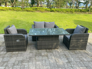 Fimous Dark Mix Grey Rotin Mobilier De Jardin Extérieur Ascenseur Réglable Table À Manger Ou Table Basse Ensemble Amour Canapé Chaise Longue 4 Places