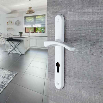 2 poignées de porte sur plaque EVA, Trou de cylindre - entrée - bureau - service, Finition aluminium blanc, Entraxe standard 195 mm