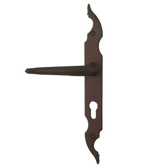 2 poignées de porte sur plaque CELTIQUE, Trou de cylindre - entrée - bureau - service, Finition acier aspect fer forgé rouille, Entraxe standard 195 mm