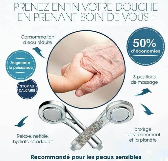 Douchette ECO2-Douche avec bénéfices: économies d'eau, 3 modes de massage, et protection de l'environnement.