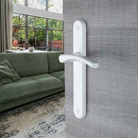 2 poignées de porte sur plaque EVA, Sans trou pour pièce à vivre, Finition aluminium blanc, Entraxe standard 195 mm