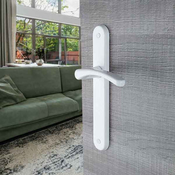 2 poignées de porte sur plaque EVA, Sans trou pour pièce à vivre, Finition aluminium blanc, Entraxe standard 195 mm