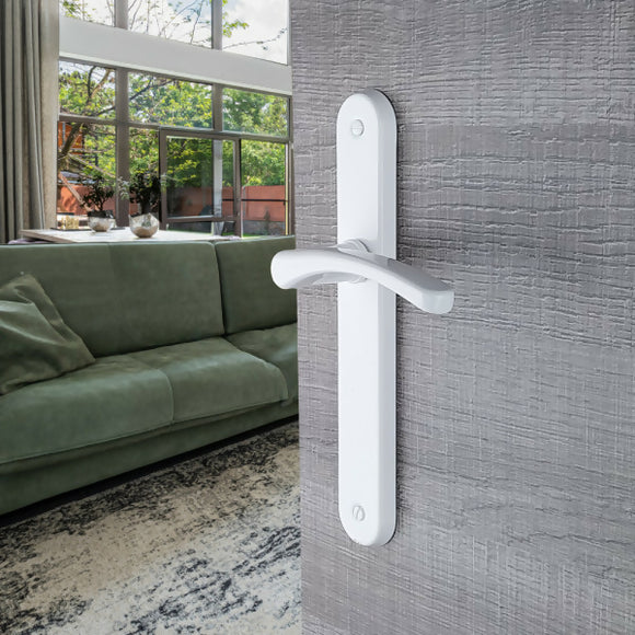 2 poignées de porte sur plaque EVA, Sans trou pour pièce à vivre, Finition aluminium blanc, Entraxe standard 195 mm