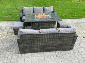 Fimous Rattan Meubles D'extérieur Foyer Au Gaz Rectangulaire Table À Manger Chauffage Au Gaz 3 Places Salon Canapé Petit Tabouret Set De 8 Places