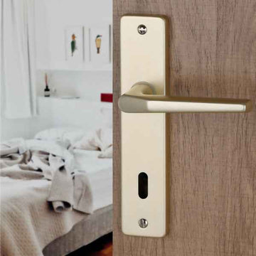 2 poignées de porte sur plaque CHAMONIX, Entrée de clé pour chambre, Finition aluminium anodisé F2 doré, Entraxe 165 mm
