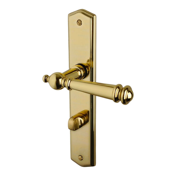 2 poignées de porte ATTILA, Verrou de condamnation pour salles de bain/WC, Finition laiton poli doré, Entraxe standard 195 mm