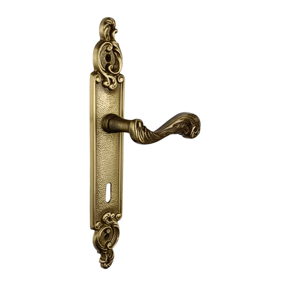2 poignées de porte sur plaque SULLY, Entrée de clé pour chambre, Finition laiton patiné aspect vieilli, Entraxe standard 195 mm