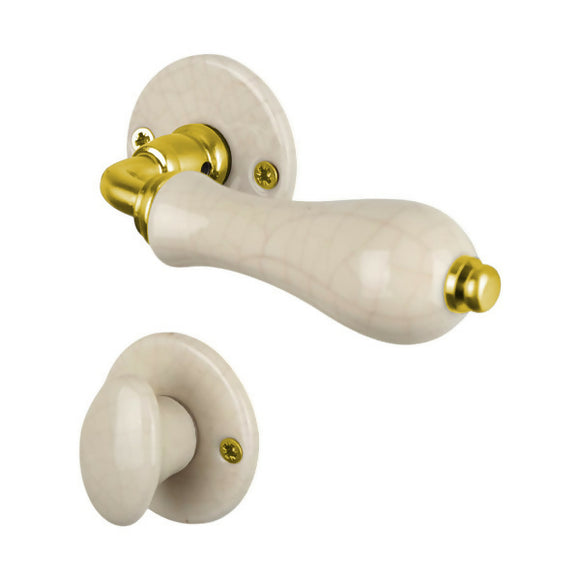 2 poignées sur rosaces rondes LIZON, Verrou de condamnation pour salle de bain/WC, Porcelaine beige craquelé, Finition coude en Laiton poli doré