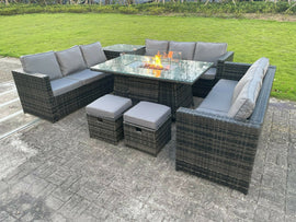 Fimous Mobilier De Jardin En Rotin Extérieur Foyer À Gaz Table À Manger Réchauffeur À Gaz Set Table D'appoint Petit Gris Mixte Foncé 11 Places