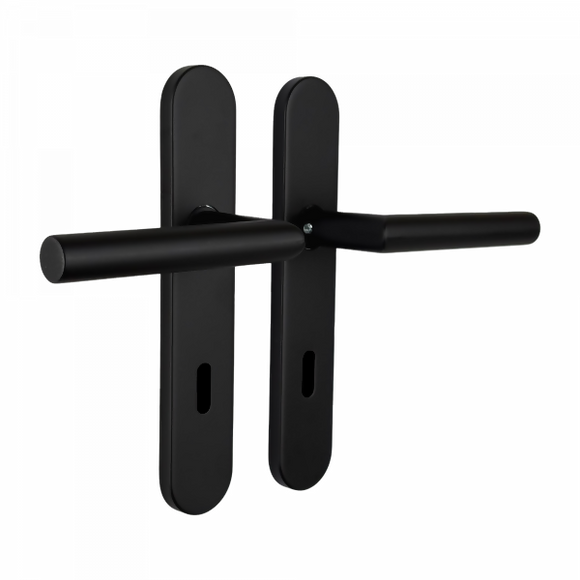 2 poignées de porte universelles Dualfit sur plaque ronde BRUNELLA, Sans trou pour pièce à vivre, Finition Acier noir mat bi-entraxe 165-195