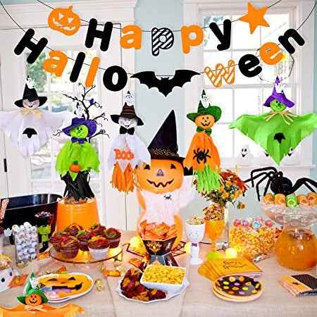Décorations suspendues pour fête d'Halloween Ecost Qpout, lot de 6 décorations fantômes suspendues et joyeux Halloween