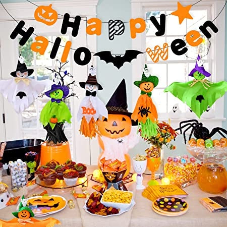 Décorations suspendues pour fête d'Halloween Ecost Qpout, lot de 6 décorations fantômes suspendues et joyeux Halloween