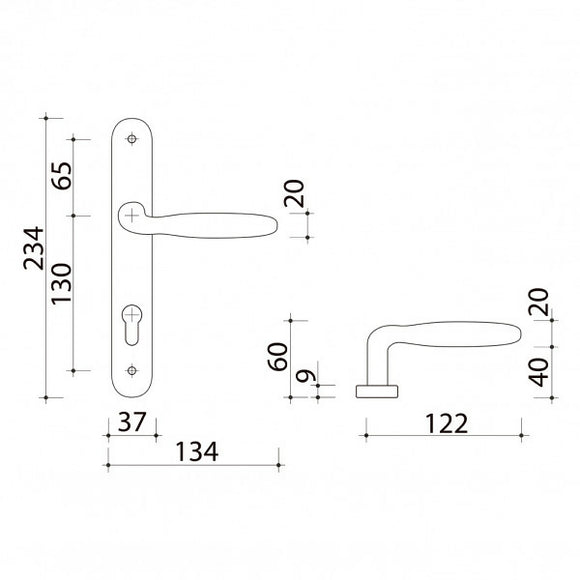2 poignées de porte sur plaque BRISTOL, Trou de cylindre - entrée - bureau - service, Finition aluminium nickel mat, Entraxe standard 195 mm