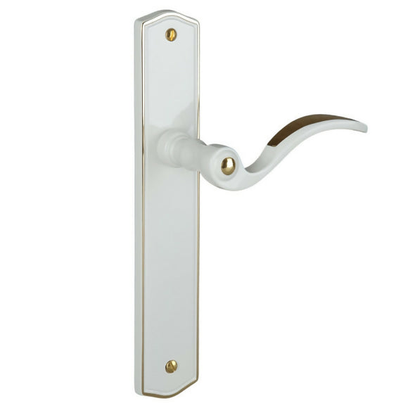 2 poignées de porte sur plaque EVITA, Sans trou pour pièce à vivre, Finition laiton blanc liseré doré, Entraxe standard 195 mm