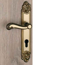 2 poignées de porte sur plaque LOUIS XV, Trou de cylindre - entrée - bureau, Finition zamak doré patiné, Entraxe standard 195 mm