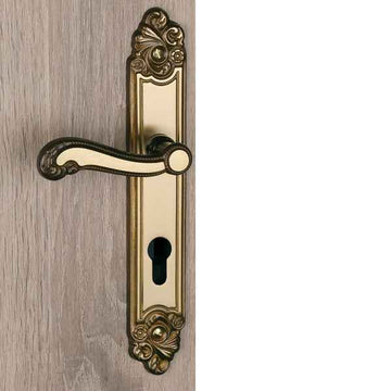 2 poignées de porte sur plaque LOUIS XV, Trou de cylindre - entrée - bureau, Finition zamak doré patiné, Entraxe standard 195 mm