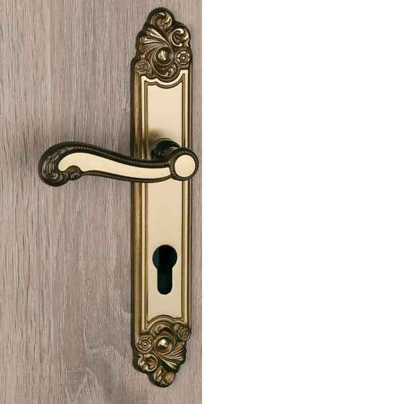 2 poignées de porte sur plaque LOUIS XV, Trou de cylindre - entrée - bureau, Finition zamak doré patiné, Entraxe standard 195 mm