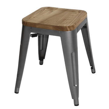LOT DE 4 TABOURETS BISTRO BAS EN ACIER GRIS MÉTAL AVEC ASSISE EN BOIS - clicktofournisseur.com